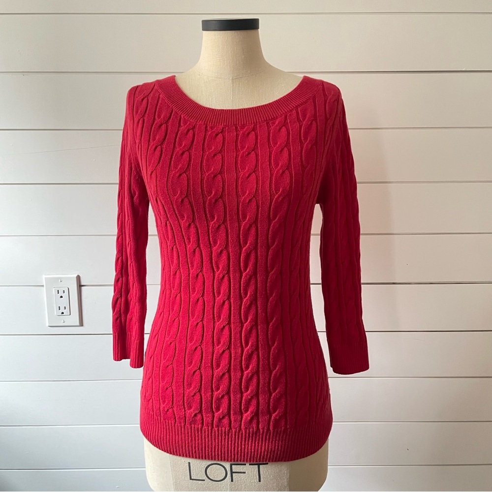 Ann Taylor LOFT- Women's Red Cable Knit Sweater- Size Medium